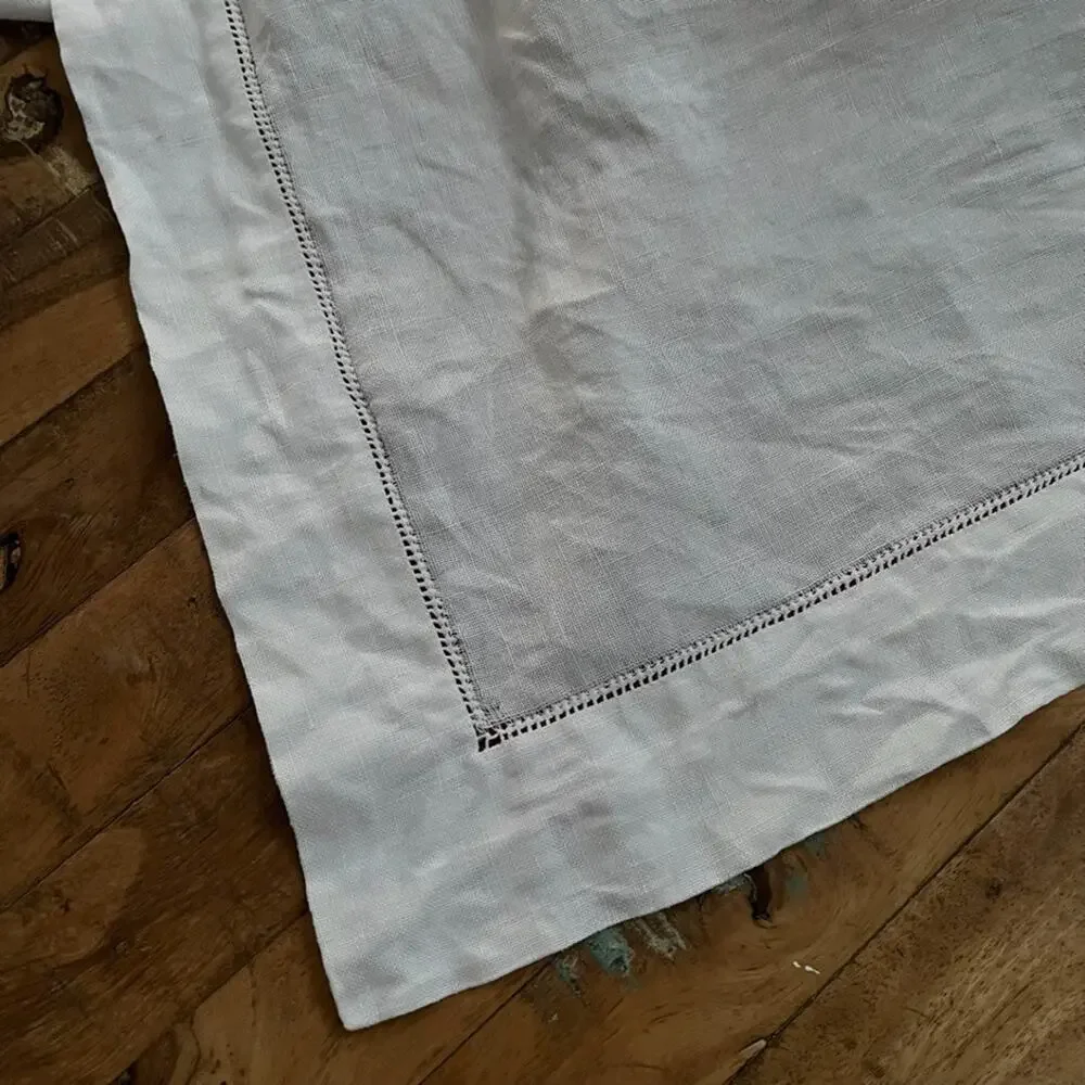 White Linen Tablecloth 49 x 52 in Delicate Cutwork & Hand-Done Drawnwork